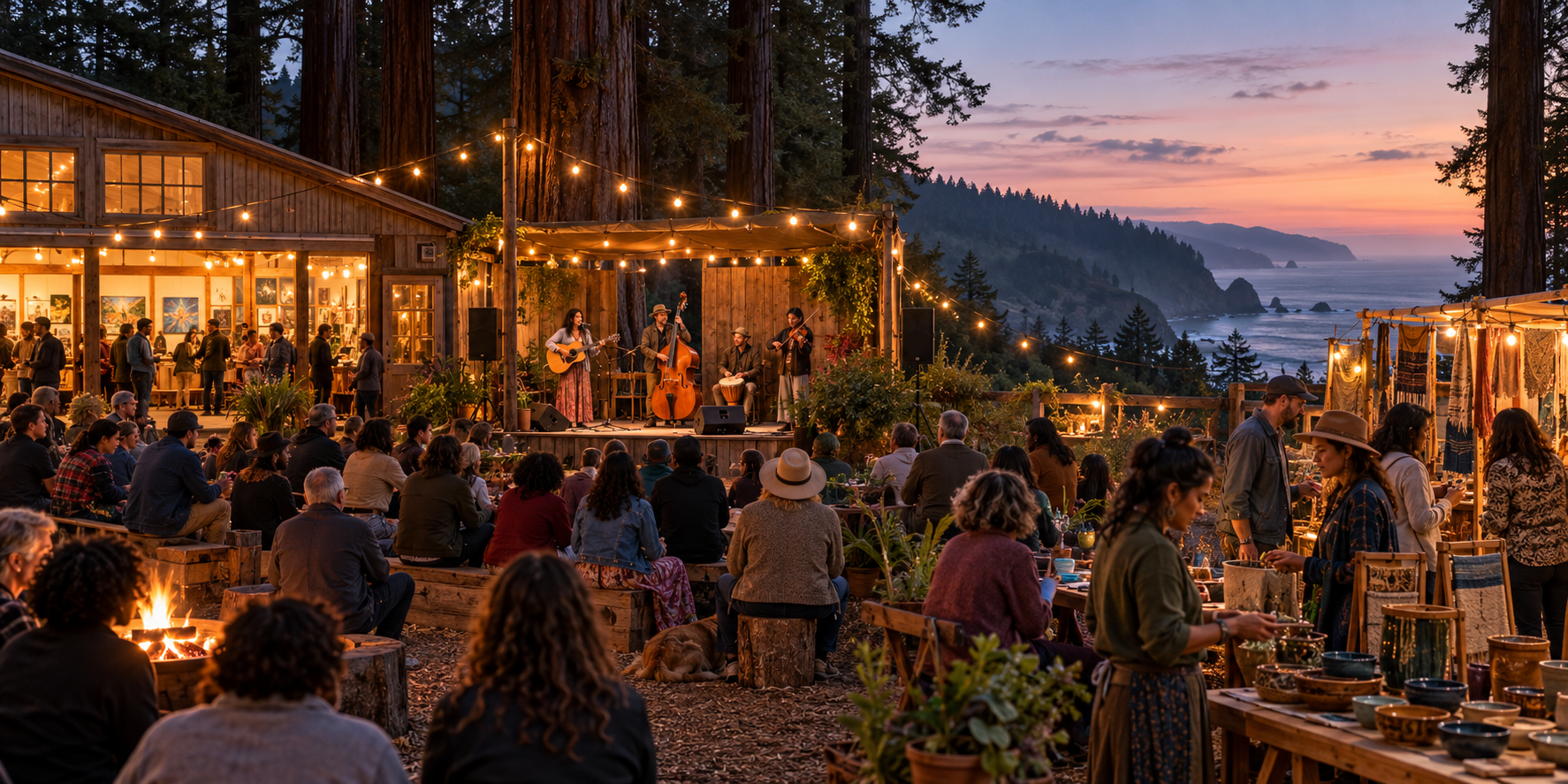Illustrative redwood coast gathering with music and makers