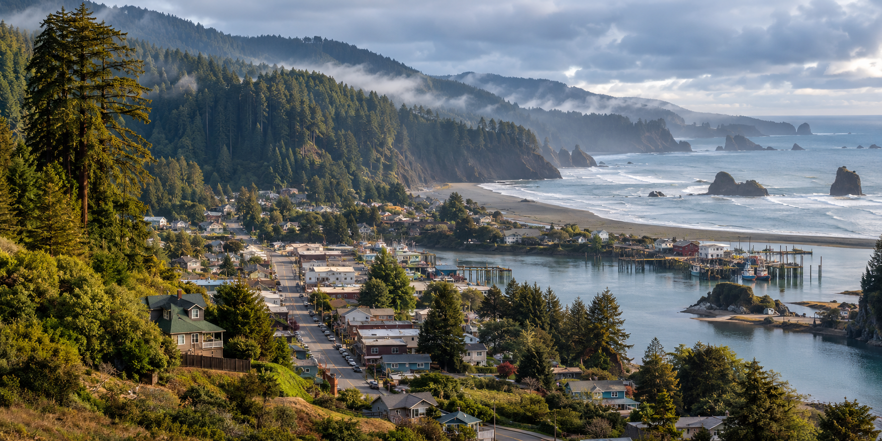 Illustrated Redwood coast town beside a forested shoreline