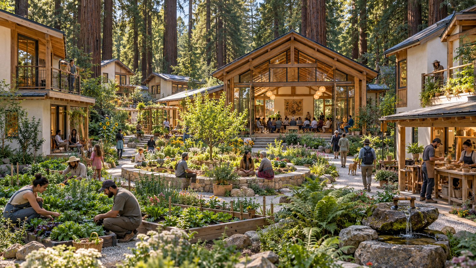 Concept illustration of elegant compact homes, gardens, makers, and a shared learning hall among redwoods